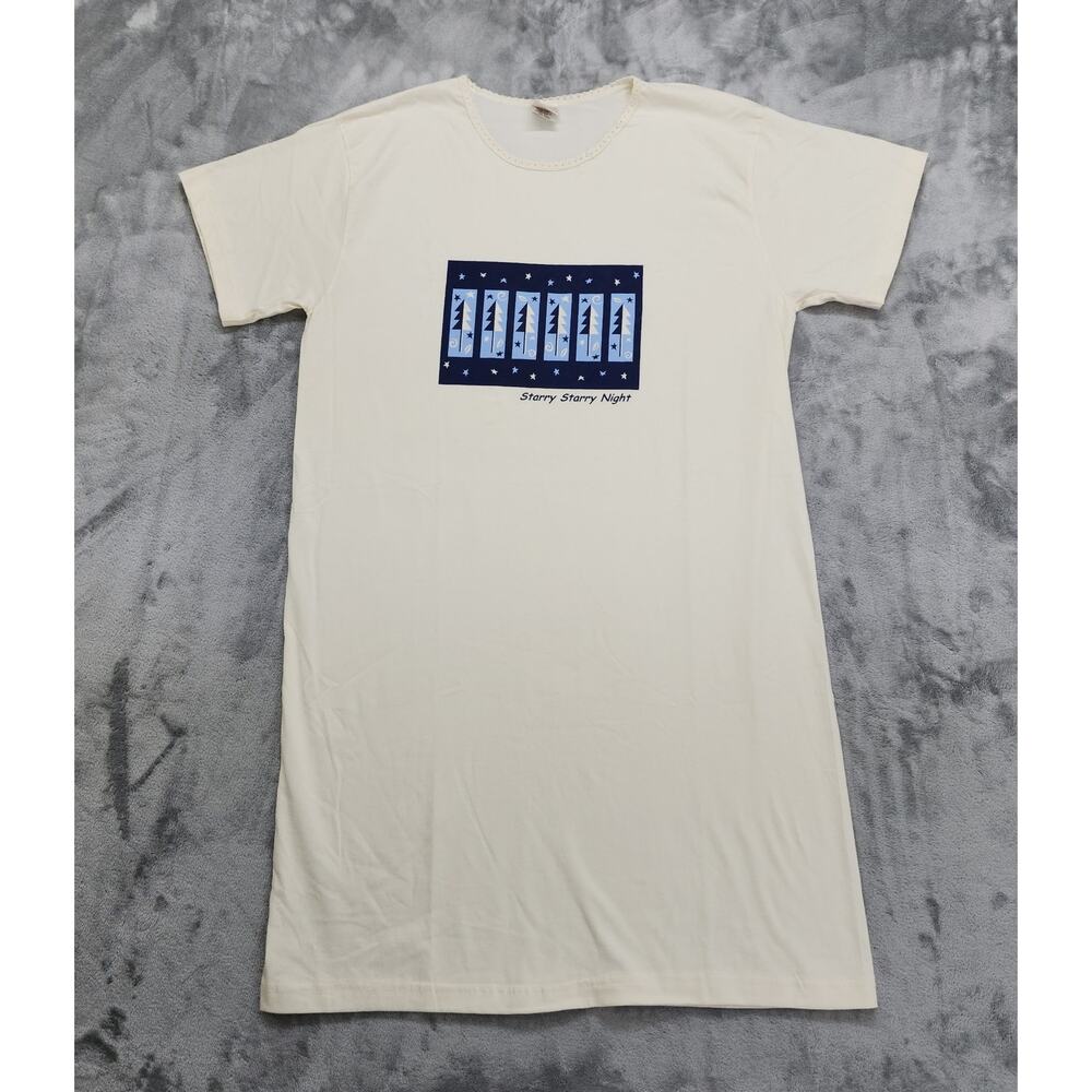 Vintage ALPS Sleep Shirt Womens OS‎ Cream Blue Trees Graphic Starry Starry Night
